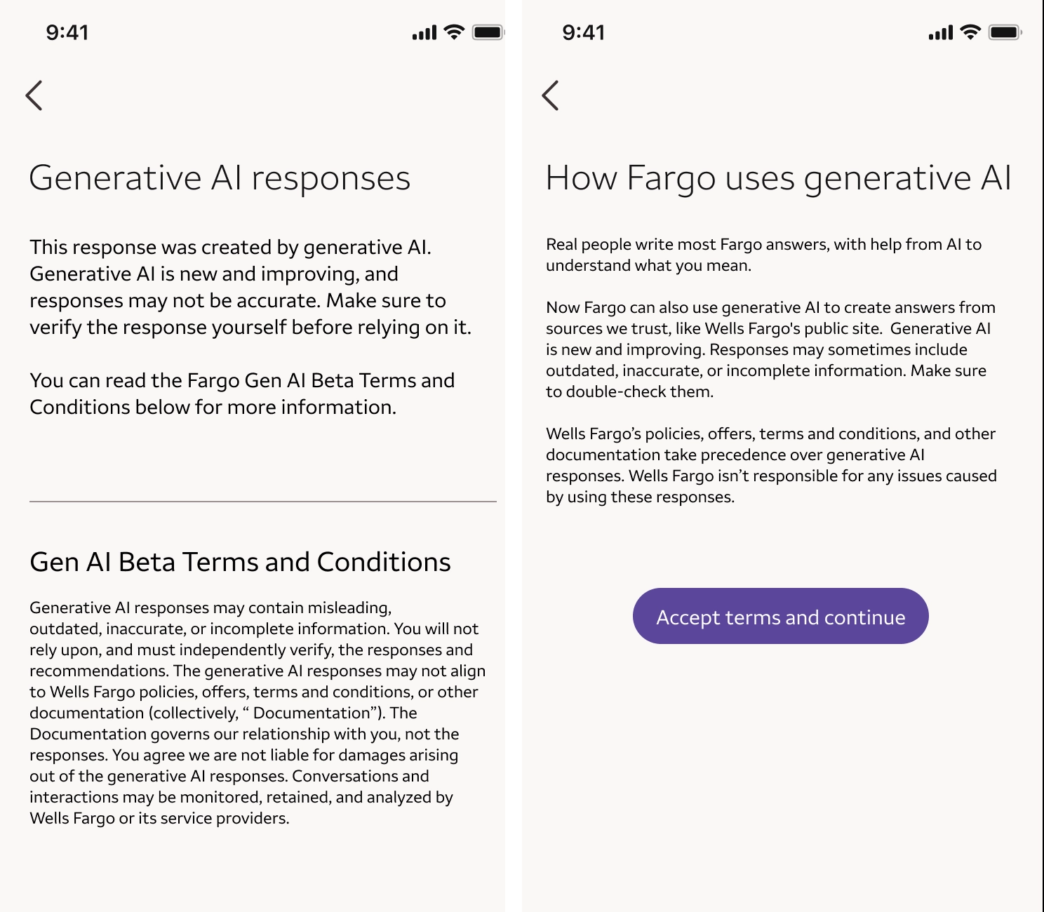 Earlier, longer disclosure draft titled 'Generative AI responses' and 'How Fargo uses generative AI,' with a dense Gen AI Beta Terms and Conditions block.