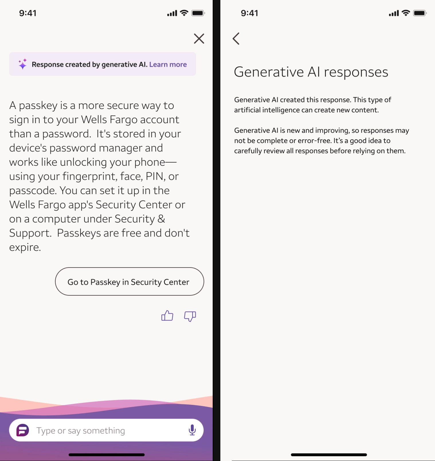 Final, shorter disclosure: a compact 'Response created by generative AI. Learn more' banner leading to a concise two-paragraph explanation, replacing the earlier dense legal block.