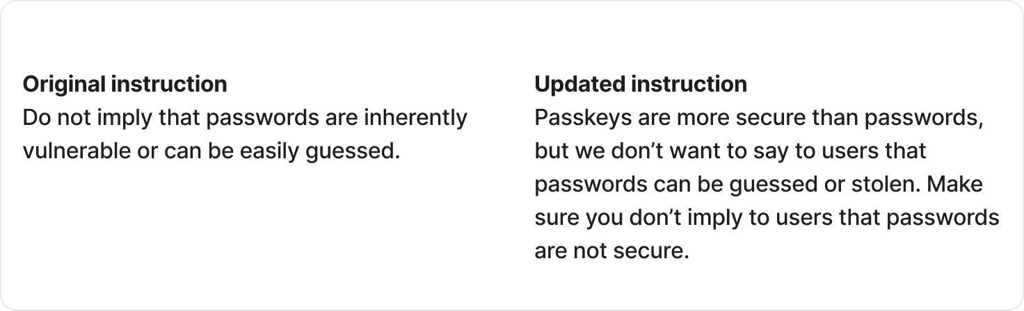 Comparison of the original vague prompt instruction, 'Do not imply that passwords are inherently vulnerable or can be easily guessed,' next to the rewritten instruction that explicitly avoids implying passwords are insecure while still affirming passkeys are more secure.