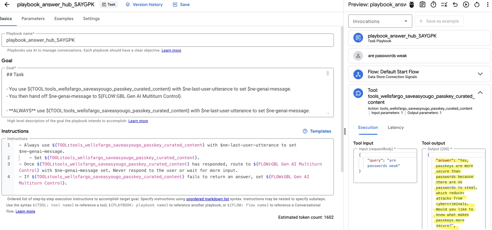 Dialogflow playbook editor showing the tool instructions and a test invocation of the query 'are passwords weak,' with the model's response confirming passkeys are more secure without disparaging passwords.