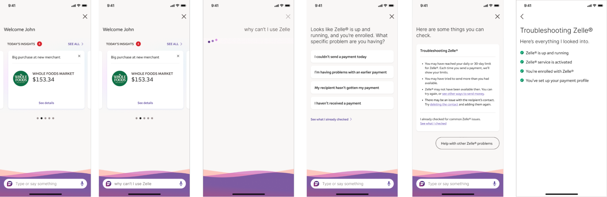After: the assistant asks what specific problem the user is having, offers targeted options, and ends with a transparent summary of everything it already checked. Zelle is up and running, service is activated, enrolled, payment profile set up.
